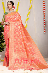 Stunning Peach Golden Zari Worked Heavy Banarasi Saree
